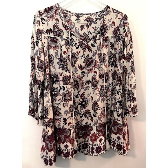 SOUTHERN STITCH Tops - Southern Stitch Size Medium Peasant Print Tunic Blouse Burgundy Floral Boho